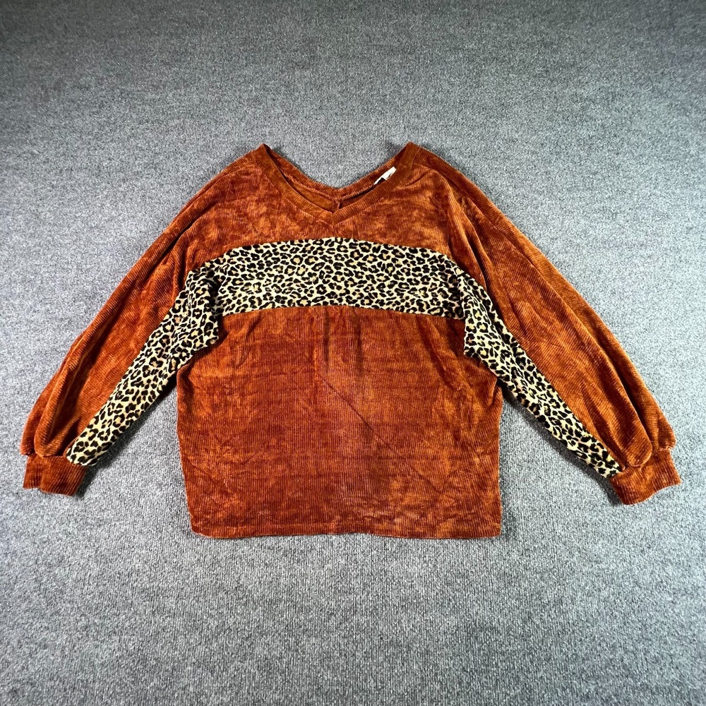 Fantastic Fawn Corduroy Top Women's Large Brown Leopard Stripe V-Neck Oversized